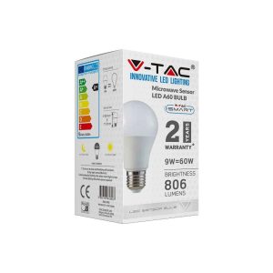 LED крушка 9W E27 6400K микровълнов сензор VT-2219 V-TAC | AVStore