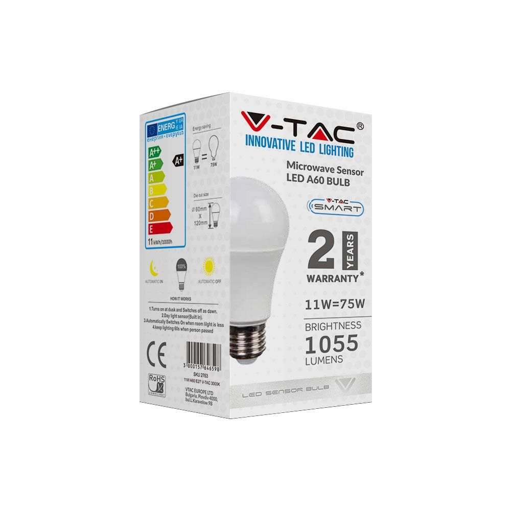 2765 LED крушка 11W E27 3000K микровълнов сензор VT-2211 V-TAC 3 LED крушка 11W E27 6400K микровълнов сензор VT-2211 V-TAC | AVStore