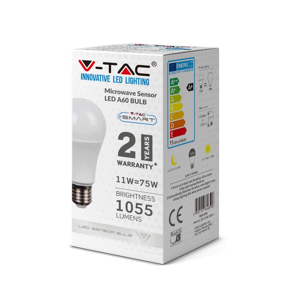 2765 LED крушка 11W E27 3000K микровълнов сензор VT-2211 V-TAC 8 LED крушка 11W E27 6400K микровълнов сензор VT-2211 V-TAC | AVStore