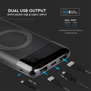 Външна батерия с безжично зареждане Power Bank USB C, microUSB 10000 mAh черна | AVStore