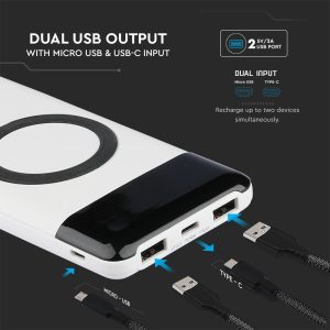Външна батерия с безжично зареждане Power Bank USB C, microUSB 10000 mAh черна | AVStore