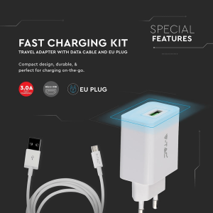 Комплект за бързо зареждане Fast Charge с адаптер и Micro USB кабел VT-5381 V-TAC | AVStore