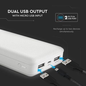 Външна батерия Power Bank, Micro USB 20000 mAh VT-3502 V-TAC бяла | AVStore