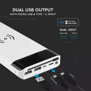 Външна батерия с безжично зареждане Power Bank USB C, Micro USB 20000 mAh VT-3508 V-TAC бяла | AVStore