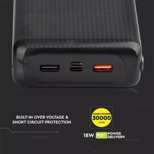 Външна батерия Power Bank USB C, Micro USB 30000 mAh VT-3502 V-TAC черна | AVStore