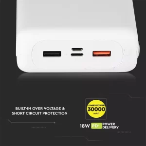 Външна батерия Power Bank USB C, Micro USB 30000 mAh VT-3502 V-TAC бяла | AVStore