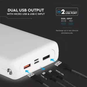Външна батерия Power Bank USB C, Micro USB 30000 mAh VT-3502 V-TAC бяла | AVStore