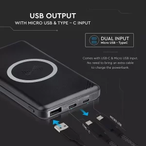 Външна батерия с безжично зареждане Power Bank USB C, microUSB 10000 mAh черна | AVStore