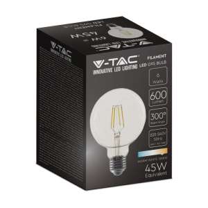 LED крушка 6W G95 3000K филамент VT-1993 V-TAC E27 | AVStore
