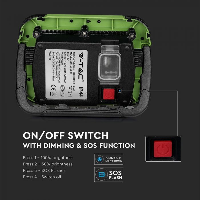 20039-i4 LED прожектор 20W 4000K вградена батерия VT-20-R V-TAC черен/зелен | AVStore