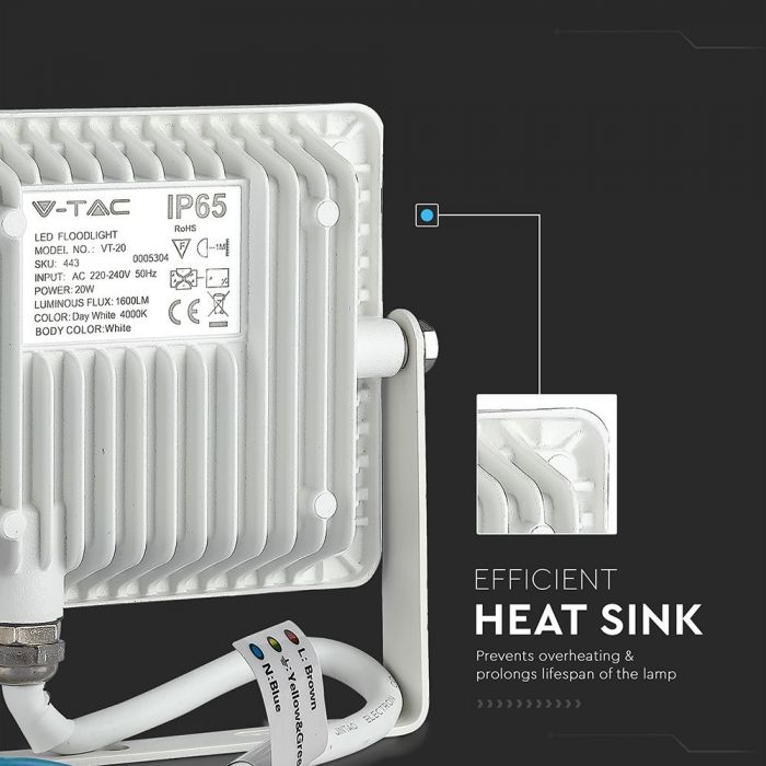 21442-i2 LED прожектор 20W 3000K Samsung чип VT-20 V-TAC бял | AVStore