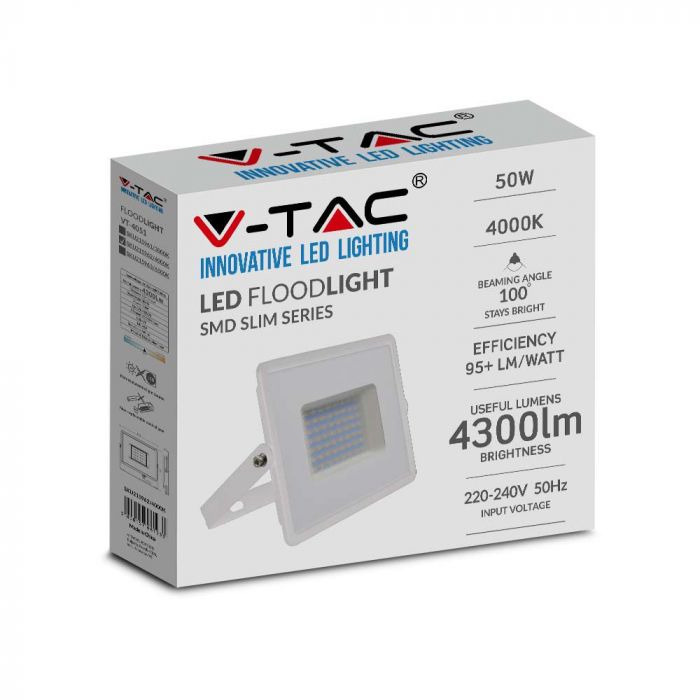 215962-b LED прожектор 50W 6500K SMD чип VT-4051 V-TAC бял | AVStore