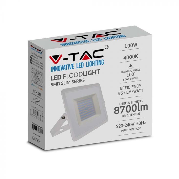 215968-b LED прожектор 100W 4000K SMD чип VT-40101 V-TAC бял | AVStore